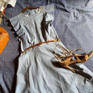 Blue Chambray Ruffle Pinafore Dress with Tie Back